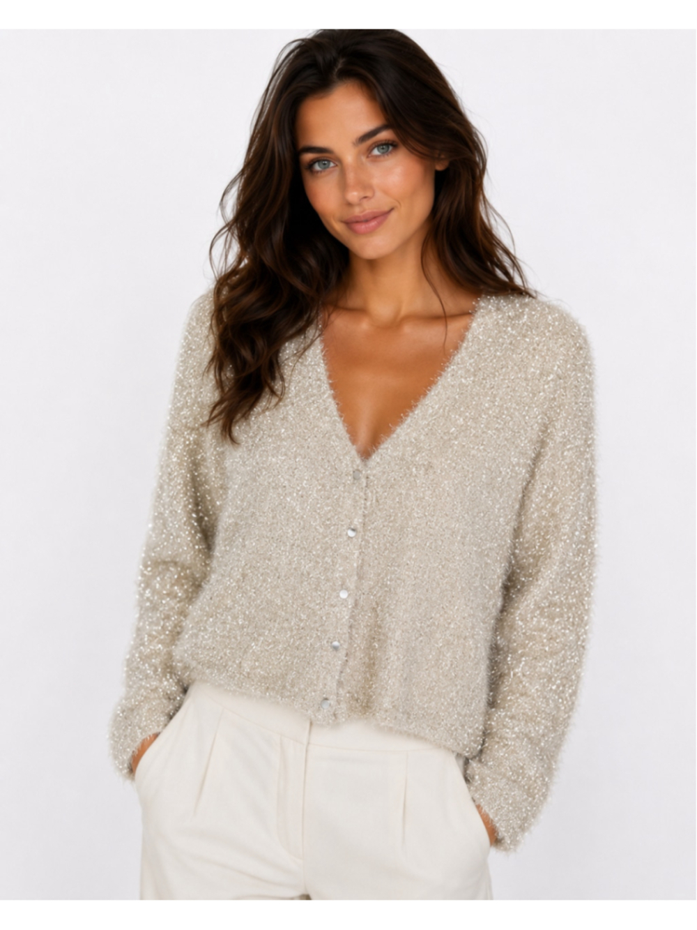 Old Navy Shimmer Metallic Eyelash Cardigan Soft Luxe V Neck Button Front LT Tall